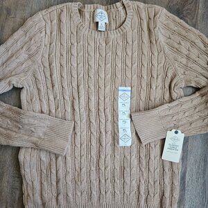 NWT St. John's Bay Women's Petite Large PL Cable Knit Sweater Tan Cotton Blend